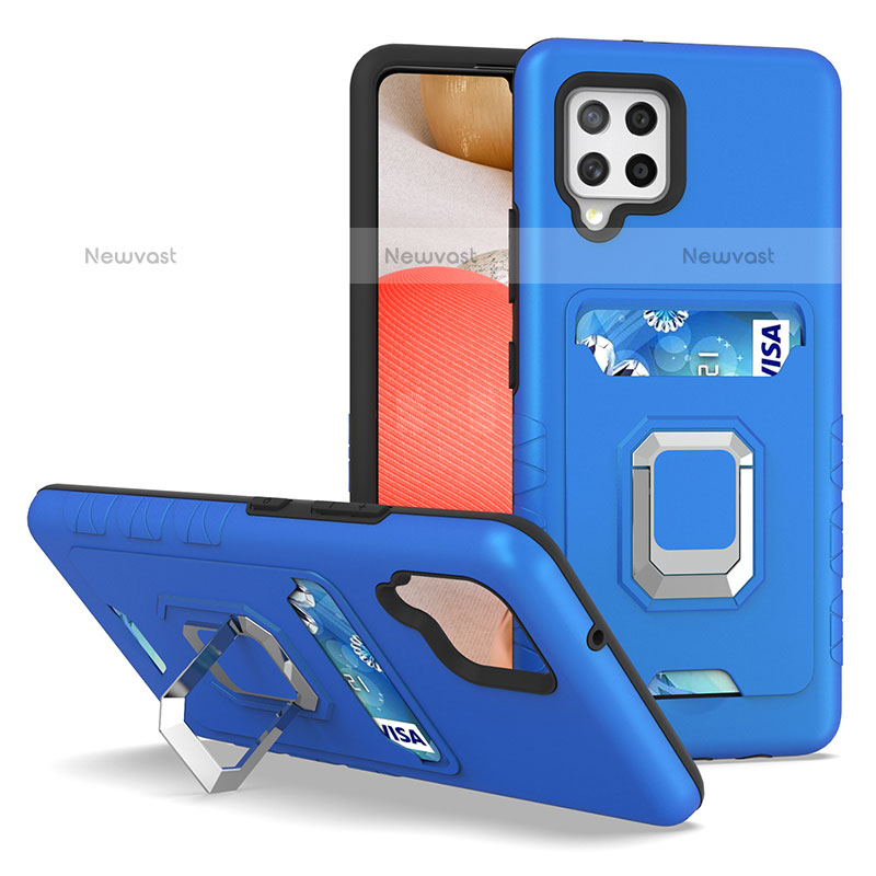 Silicone Matte Finish and Plastic Back Cover Case with Magnetic Finger Ring Stand J03S for Samsung Galaxy A42 5G Blue