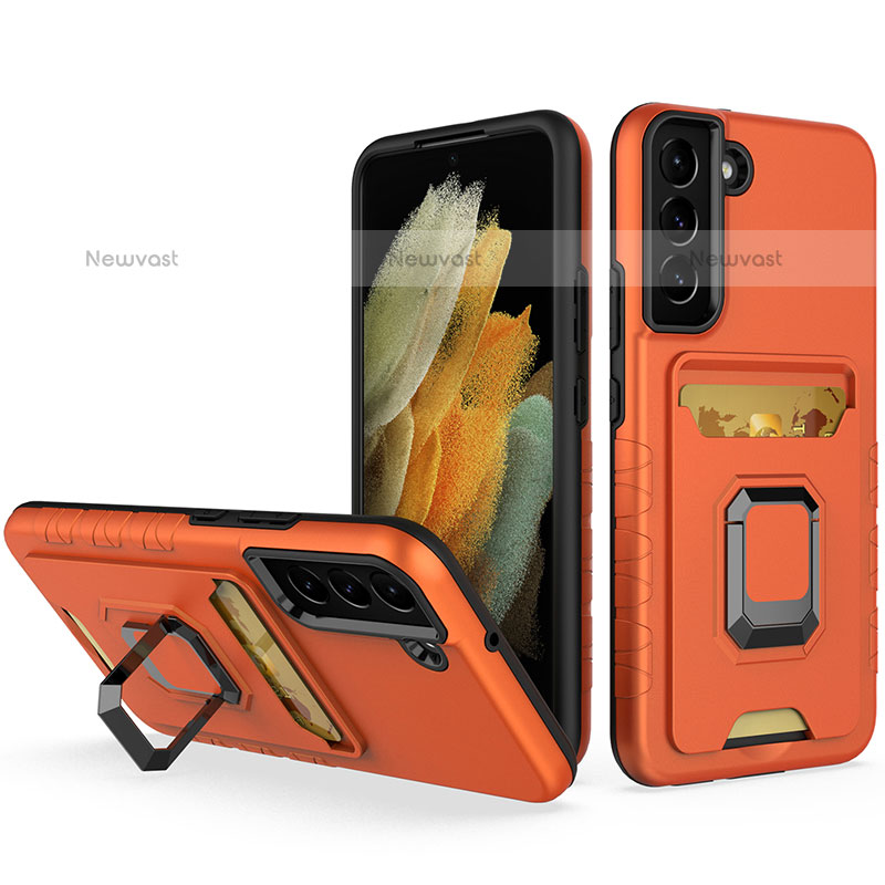 Silicone Matte Finish and Plastic Back Cover Case with Magnetic Finger Ring Stand J03S for Samsung Galaxy S22 5G Orange