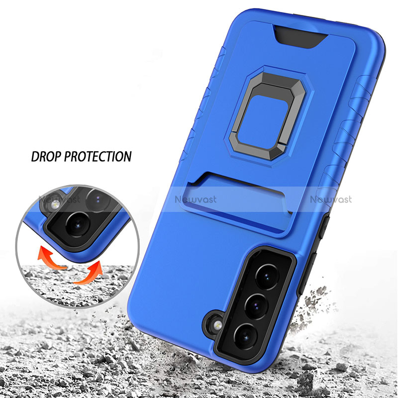 Silicone Matte Finish and Plastic Back Cover Case with Magnetic Finger Ring Stand J03S for Samsung Galaxy S22 Plus 5G