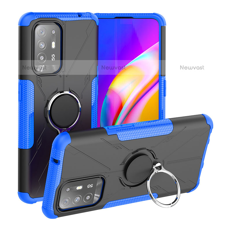 Silicone Matte Finish and Plastic Back Cover Case with Magnetic Finger Ring Stand JX1 for Oppo F19 Pro+ Plus 5G