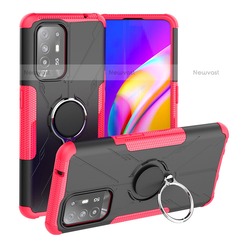 Silicone Matte Finish and Plastic Back Cover Case with Magnetic Finger Ring Stand JX1 for Oppo F19 Pro+ Plus 5G