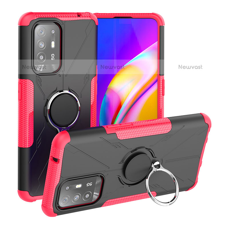 Silicone Matte Finish and Plastic Back Cover Case with Magnetic Finger Ring Stand JX1 for Oppo F19 Pro+ Plus 5G Red