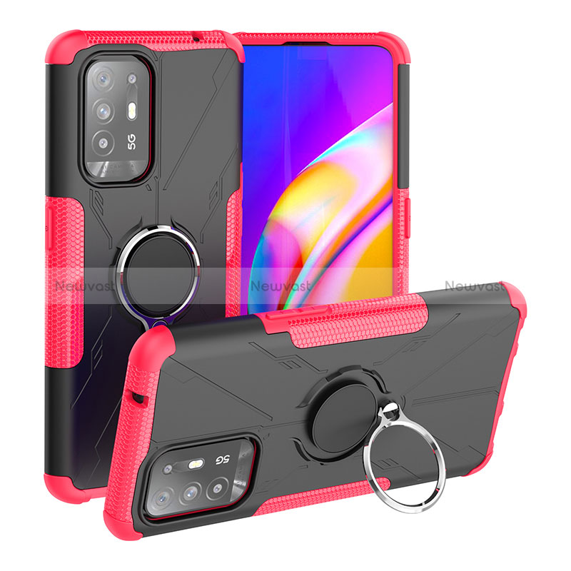 Silicone Matte Finish and Plastic Back Cover Case with Magnetic Finger Ring Stand JX1 for Oppo Reno5 Z 5G Red