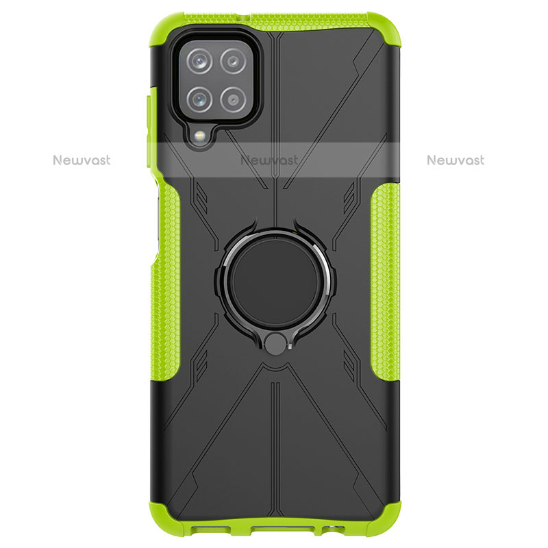 Silicone Matte Finish and Plastic Back Cover Case with Magnetic Finger Ring Stand JX1 for Samsung Galaxy A12 Green