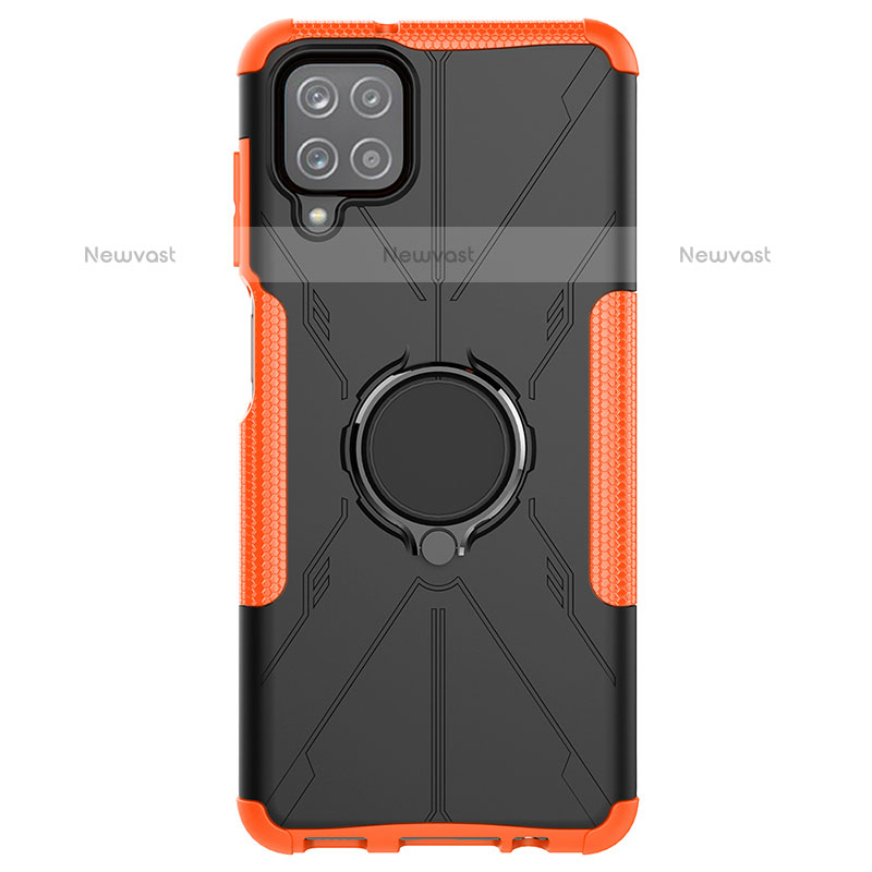 Silicone Matte Finish and Plastic Back Cover Case with Magnetic Finger Ring Stand JX1 for Samsung Galaxy A12 Orange