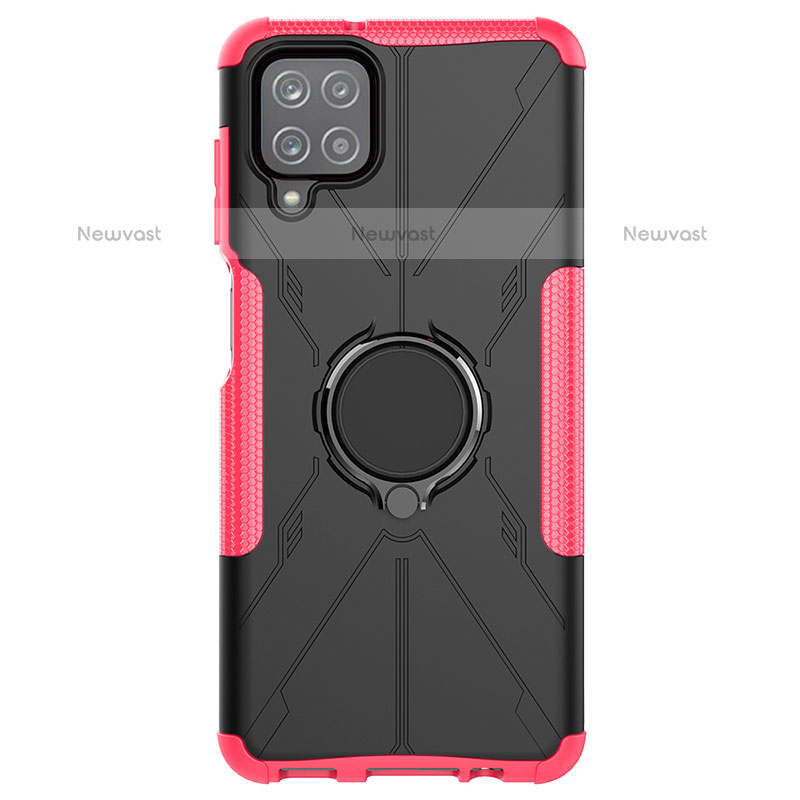 Silicone Matte Finish and Plastic Back Cover Case with Magnetic Finger Ring Stand JX1 for Samsung Galaxy F12 Hot Pink