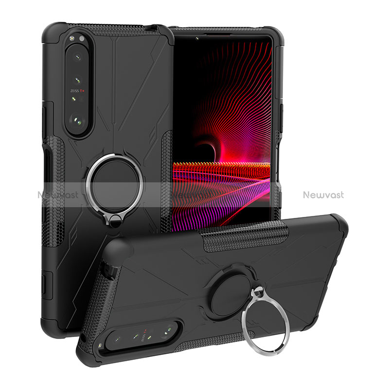 Silicone Matte Finish and Plastic Back Cover Case with Magnetic Finger Ring Stand JX1 for Sony Xperia 1 III Black