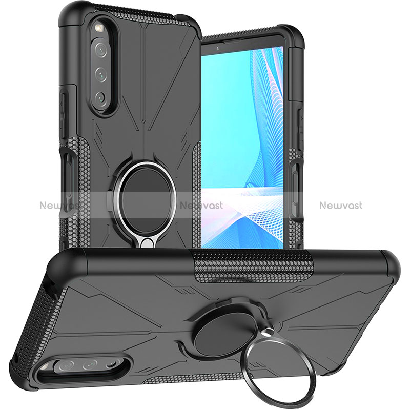 Silicone Matte Finish and Plastic Back Cover Case with Magnetic Finger Ring Stand JX1 for Sony Xperia 10 III