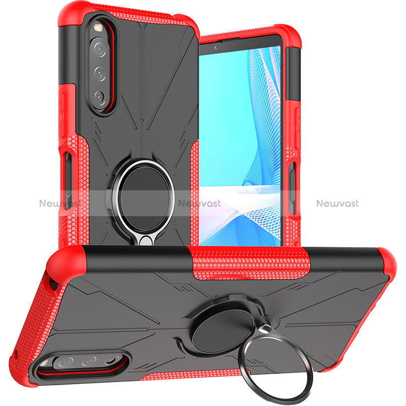 Silicone Matte Finish and Plastic Back Cover Case with Magnetic Finger Ring Stand JX1 for Sony Xperia 10 III