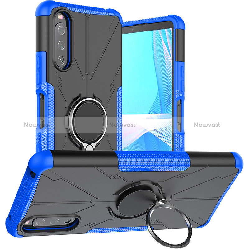 Silicone Matte Finish and Plastic Back Cover Case with Magnetic Finger Ring Stand JX1 for Sony Xperia 10 III Blue