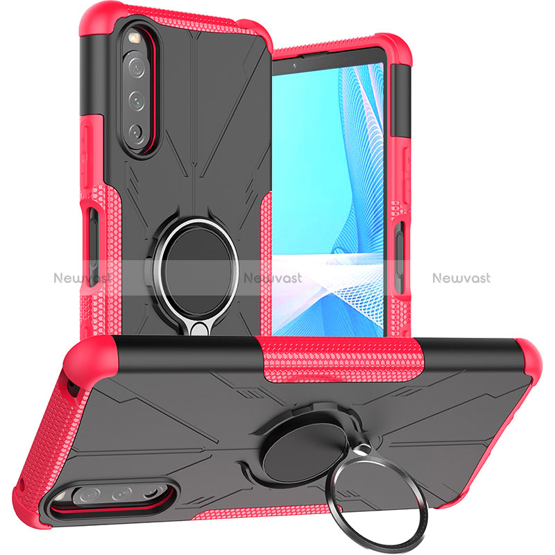Silicone Matte Finish and Plastic Back Cover Case with Magnetic Finger Ring Stand JX1 for Sony Xperia 10 III Hot Pink
