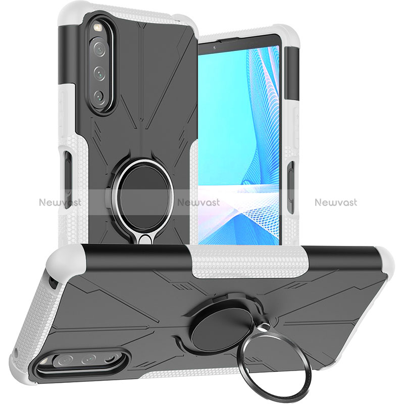 Silicone Matte Finish and Plastic Back Cover Case with Magnetic Finger Ring Stand JX1 for Sony Xperia 10 III Silver