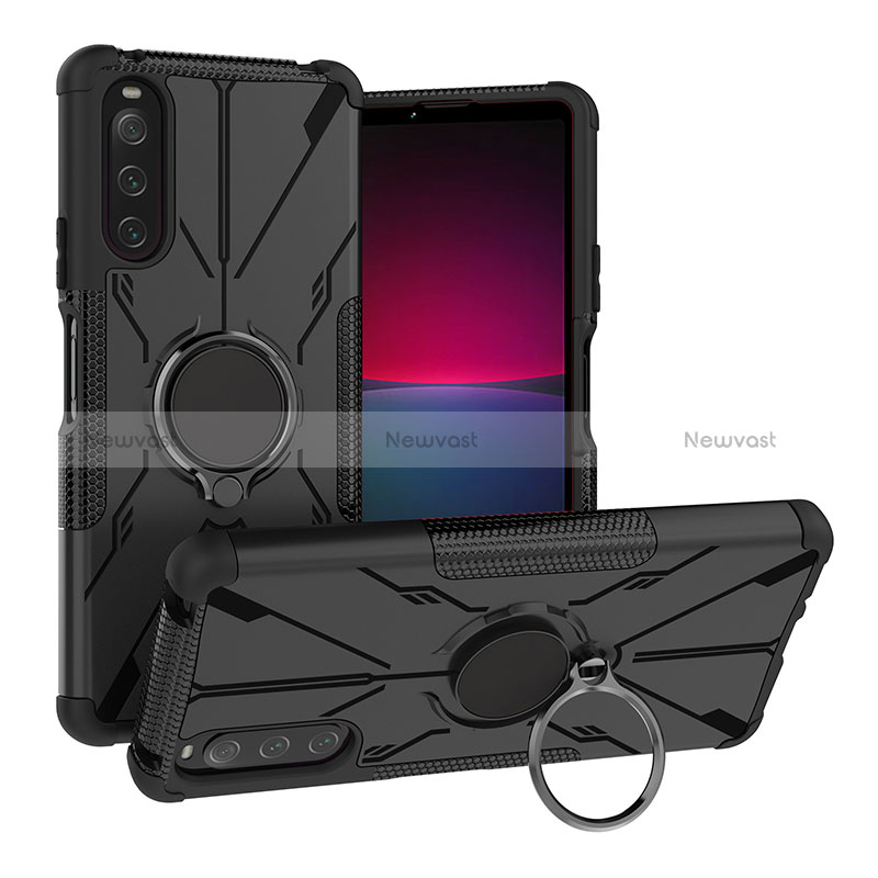 Silicone Matte Finish and Plastic Back Cover Case with Magnetic Finger Ring Stand JX1 for Sony Xperia 10 IV