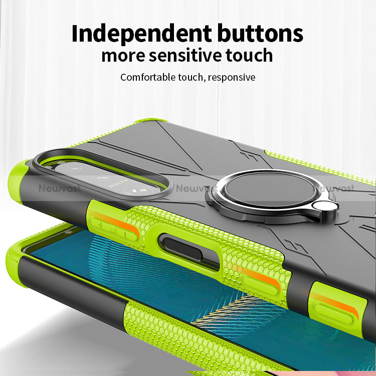 Silicone Matte Finish and Plastic Back Cover Case with Magnetic Finger Ring Stand JX1 for Sony Xperia 5 III