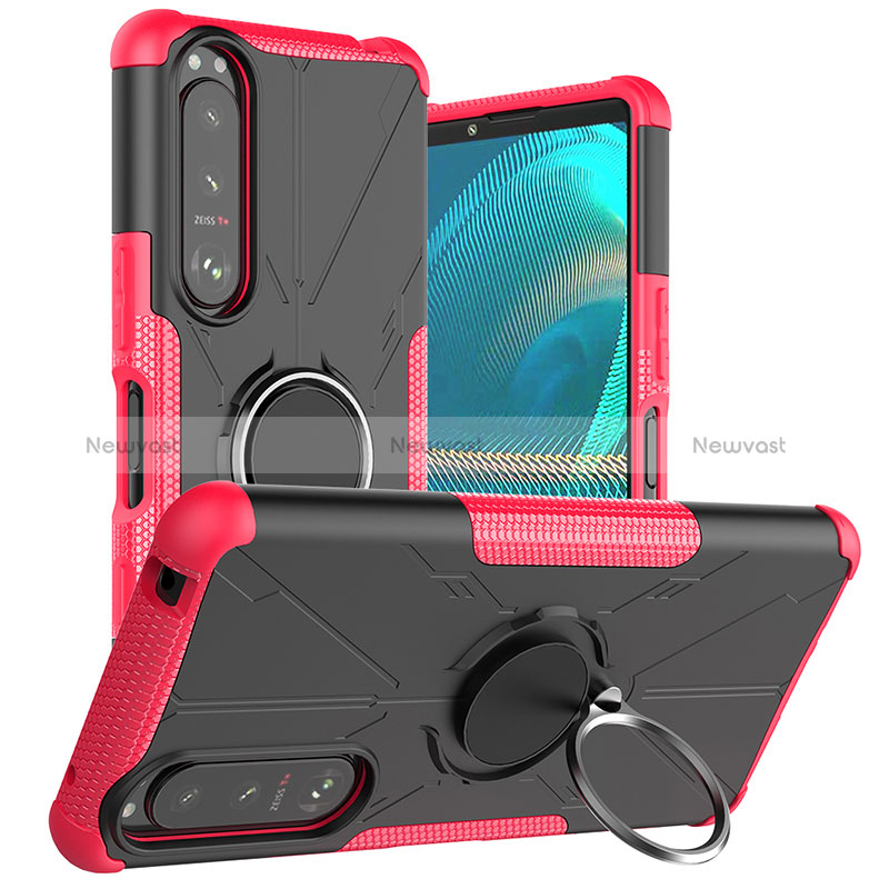 Silicone Matte Finish and Plastic Back Cover Case with Magnetic Finger Ring Stand JX1 for Sony Xperia 5 III