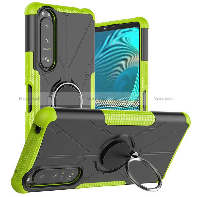 Silicone Matte Finish and Plastic Back Cover Case with Magnetic Finger Ring Stand JX1 for Sony Xperia 5 III