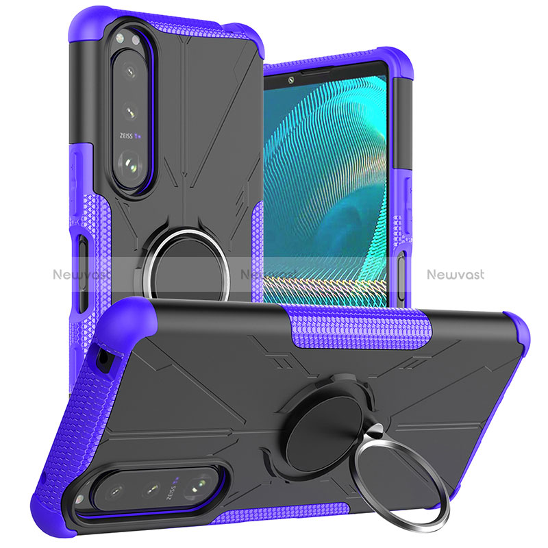 Silicone Matte Finish and Plastic Back Cover Case with Magnetic Finger Ring Stand JX1 for Sony Xperia 5 III Purple