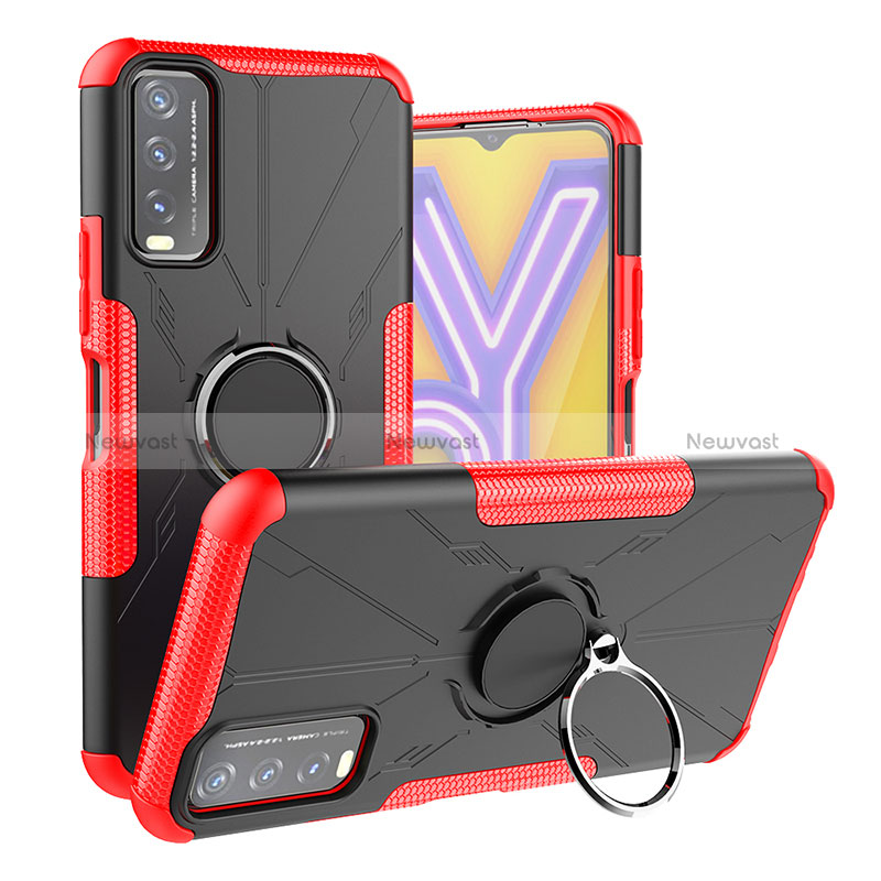 Silicone Matte Finish and Plastic Back Cover Case with Magnetic Finger Ring Stand JX1 for Vivo Y11s