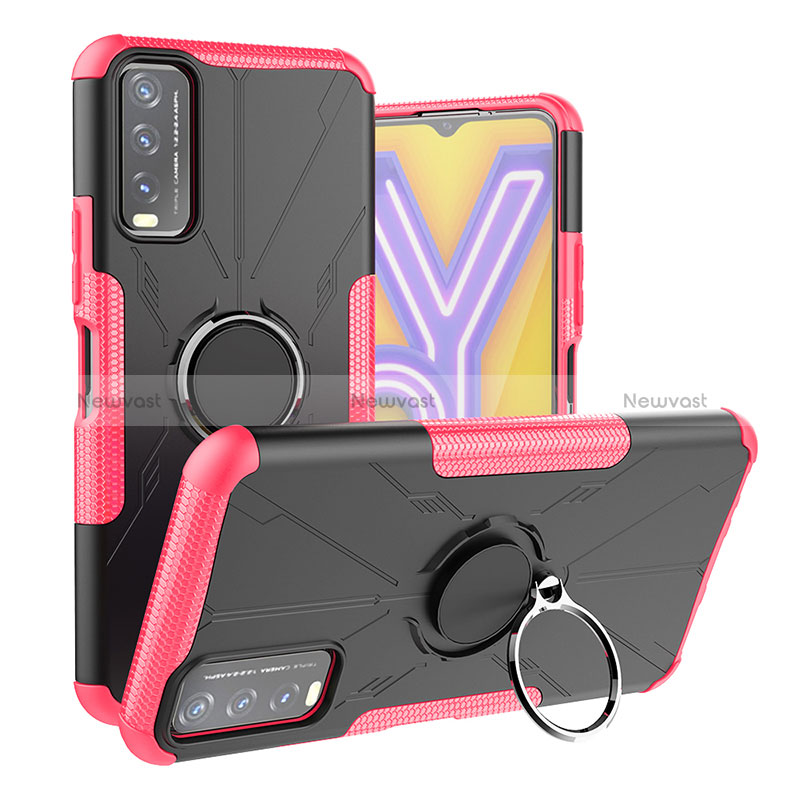 Silicone Matte Finish and Plastic Back Cover Case with Magnetic Finger Ring Stand JX1 for Vivo Y12s