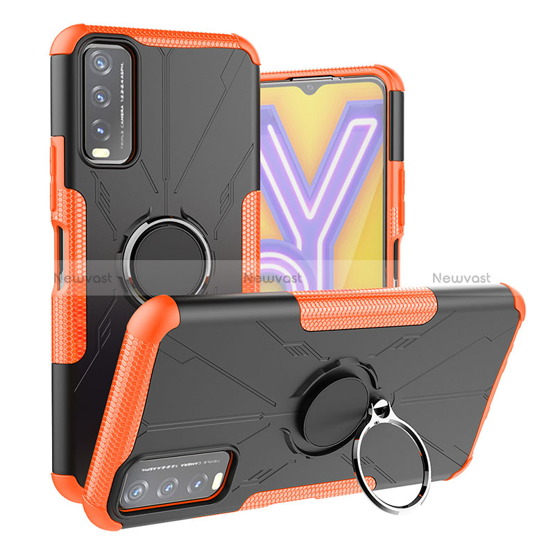 Silicone Matte Finish and Plastic Back Cover Case with Magnetic Finger Ring Stand JX1 for Vivo Y12s