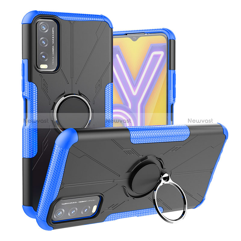 Silicone Matte Finish and Plastic Back Cover Case with Magnetic Finger Ring Stand JX1 for Vivo Y12s Blue
