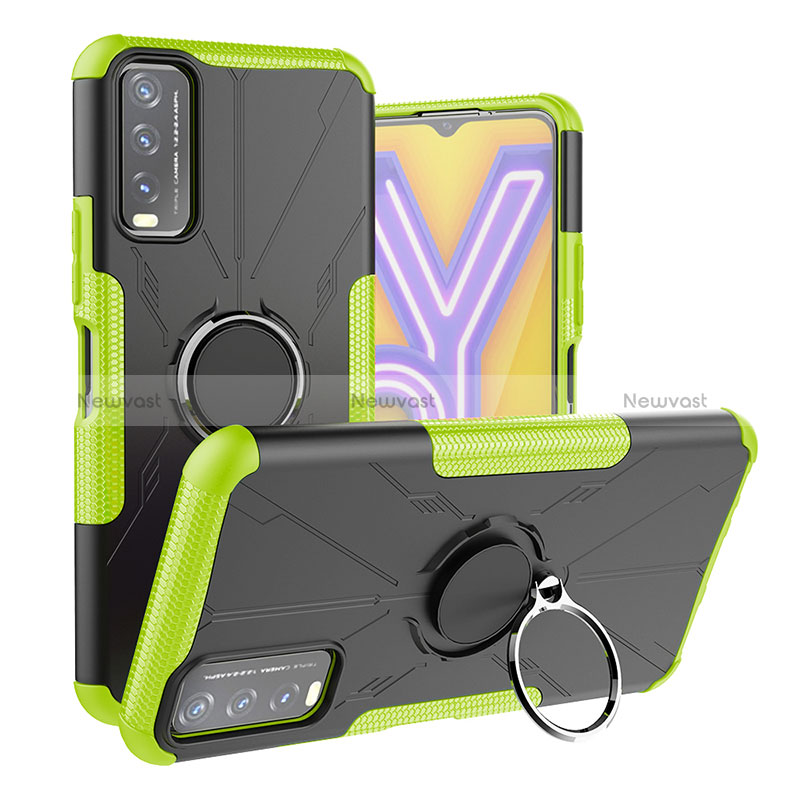 Silicone Matte Finish and Plastic Back Cover Case with Magnetic Finger Ring Stand JX1 for Vivo Y12s Green