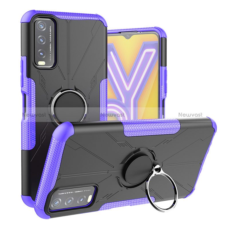 Silicone Matte Finish and Plastic Back Cover Case with Magnetic Finger Ring Stand JX1 for Vivo Y12s Purple