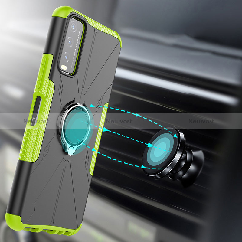 Silicone Matte Finish and Plastic Back Cover Case with Magnetic Finger Ring Stand JX1 for Vivo Y20