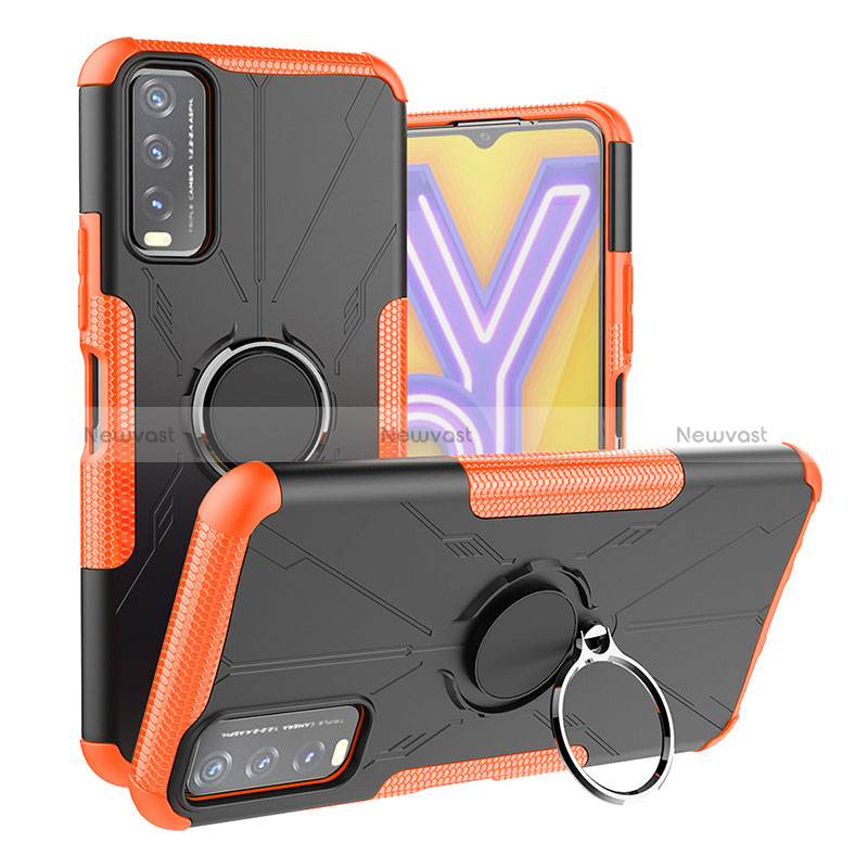 Silicone Matte Finish and Plastic Back Cover Case with Magnetic Finger Ring Stand JX1 for Vivo Y20