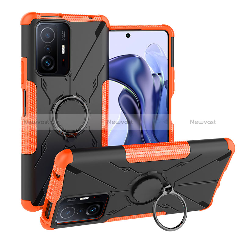 Silicone Matte Finish and Plastic Back Cover Case with Magnetic Finger Ring Stand JX1 for Xiaomi Mi 11T Pro 5G