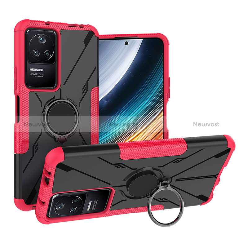 Silicone Matte Finish and Plastic Back Cover Case with Magnetic Finger Ring Stand JX1 for Xiaomi Poco F4 5G Hot Pink