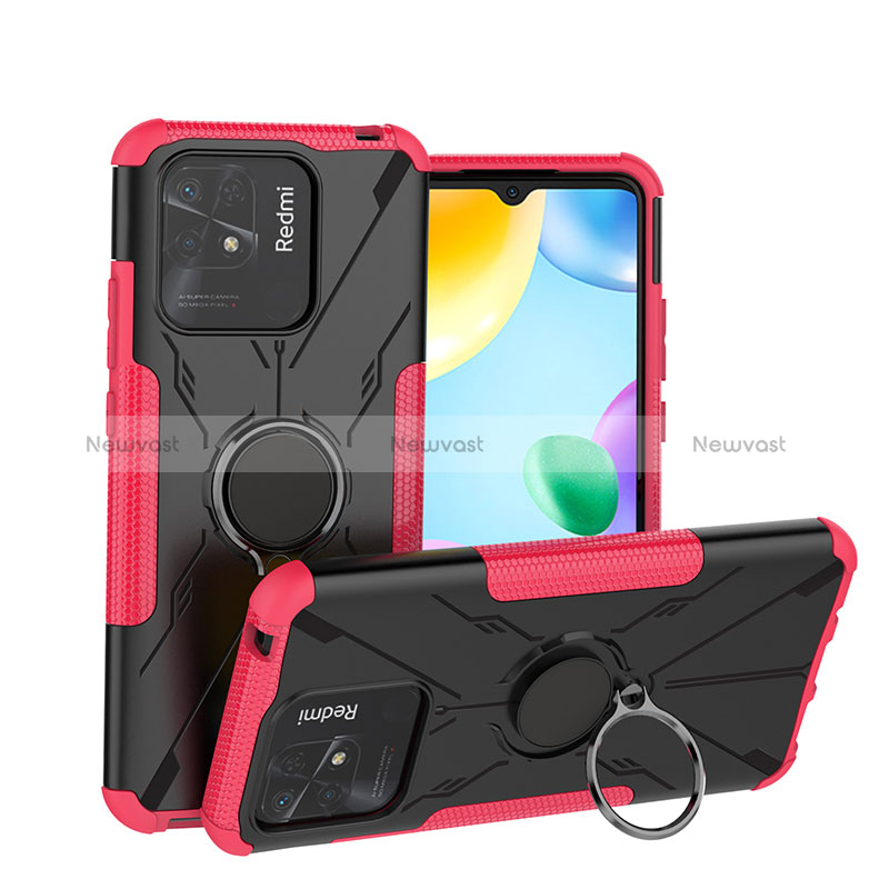 Silicone Matte Finish and Plastic Back Cover Case with Magnetic Finger Ring Stand JX1 for Xiaomi Redmi 10C 4G Hot Pink