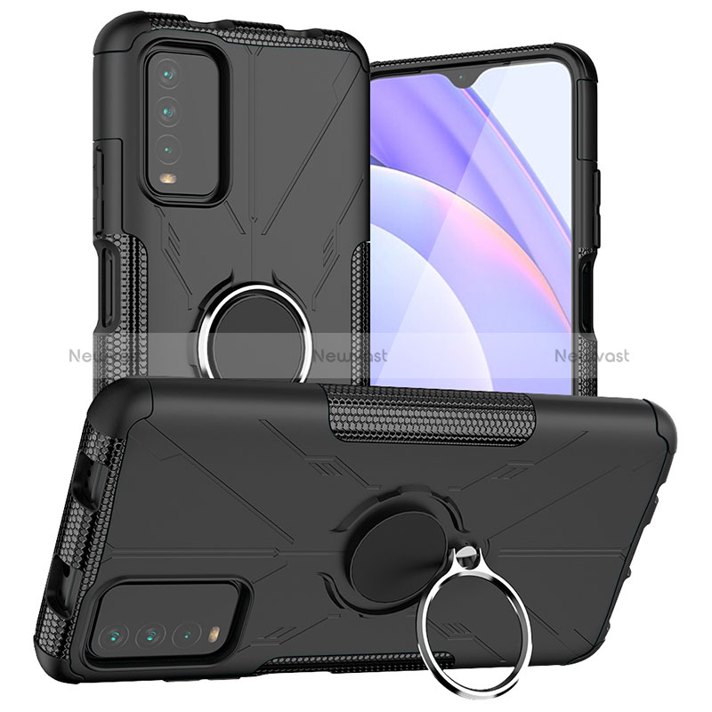 Silicone Matte Finish and Plastic Back Cover Case with Magnetic Finger Ring Stand JX1 for Xiaomi Redmi 9T 4G