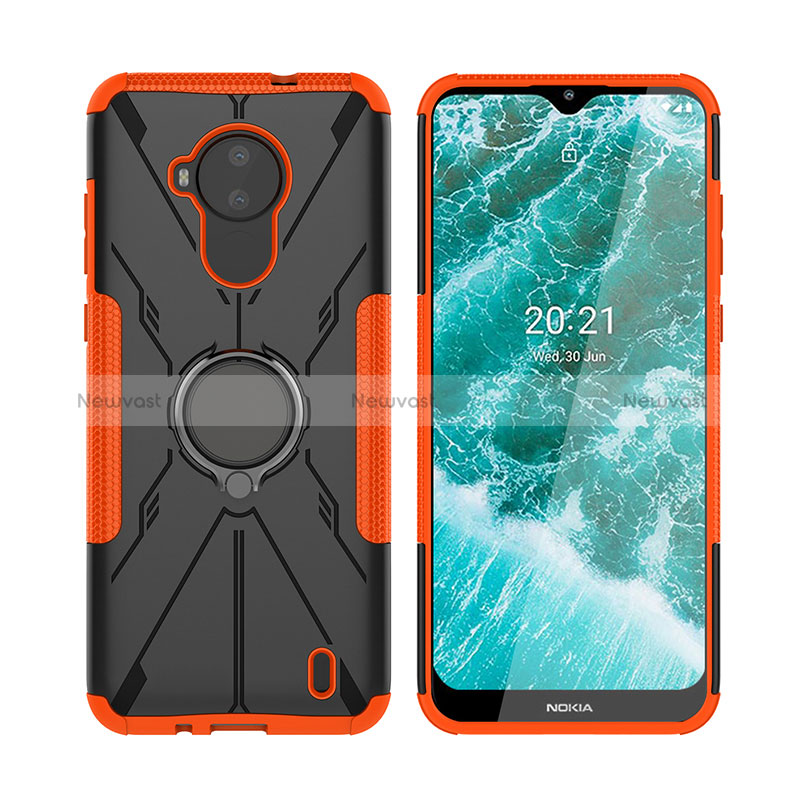 Silicone Matte Finish and Plastic Back Cover Case with Magnetic Finger Ring Stand JX2 for Nokia C30 Orange