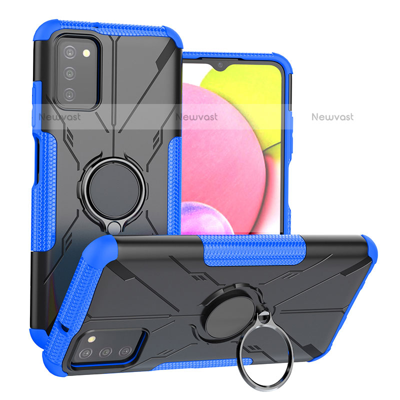Silicone Matte Finish and Plastic Back Cover Case with Magnetic Finger Ring Stand JX3 for Samsung Galaxy A02s Blue