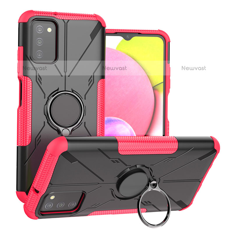 Silicone Matte Finish and Plastic Back Cover Case with Magnetic Finger Ring Stand JX3 for Samsung Galaxy A02s Hot Pink