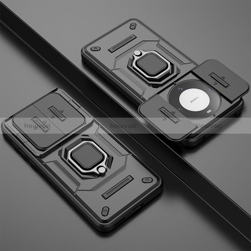 Silicone Matte Finish and Plastic Back Cover Case with Magnetic Finger Ring Stand K1C for Huawei Mate 60 Pro