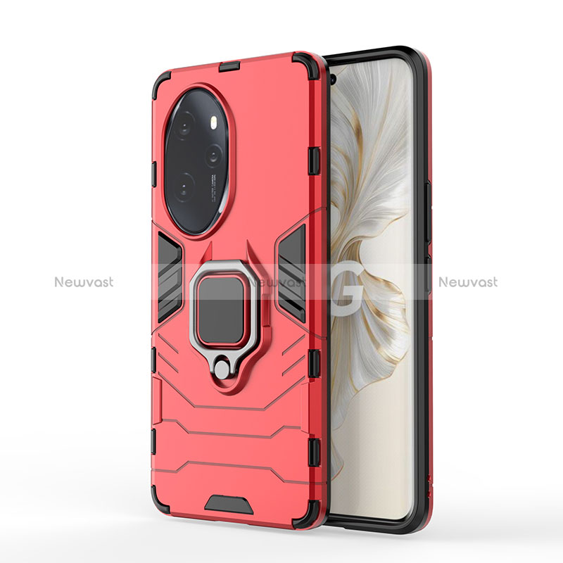 Silicone Matte Finish and Plastic Back Cover Case with Magnetic Finger Ring Stand KC1 for Huawei Honor 100 Pro 5G Red