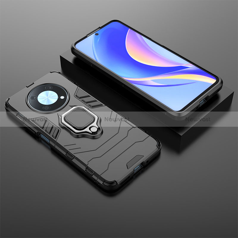 Silicone Matte Finish and Plastic Back Cover Case with Magnetic Finger Ring Stand KC1 for Huawei Nova Y90