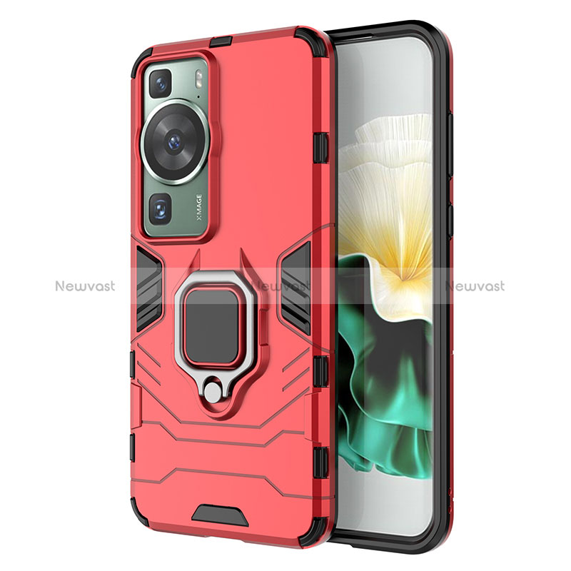 Silicone Matte Finish and Plastic Back Cover Case with Magnetic Finger Ring Stand KC1 for Huawei P60