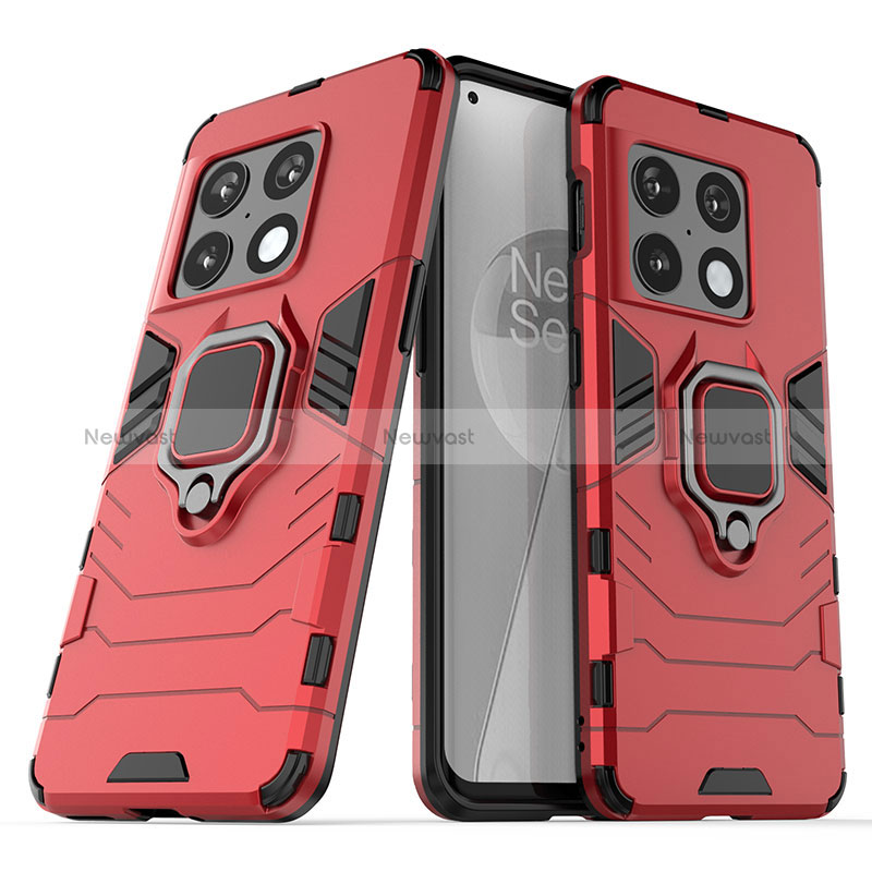 Silicone Matte Finish and Plastic Back Cover Case with Magnetic Finger Ring Stand KC1 for OnePlus 10 Pro 5G Red