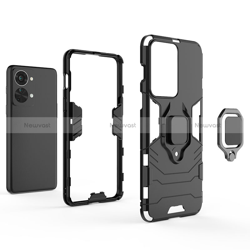 Silicone Matte Finish and Plastic Back Cover Case with Magnetic Finger Ring Stand KC1 for OnePlus Nord 2T 5G