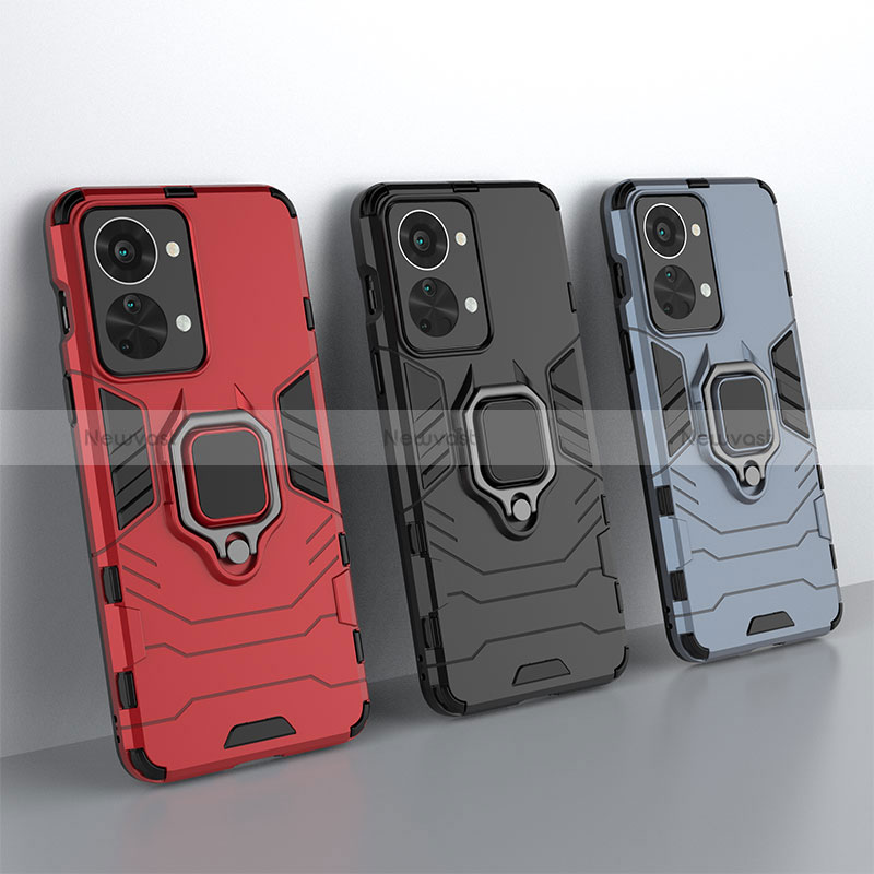 Silicone Matte Finish and Plastic Back Cover Case with Magnetic Finger Ring Stand KC1 for OnePlus Nord 2T 5G
