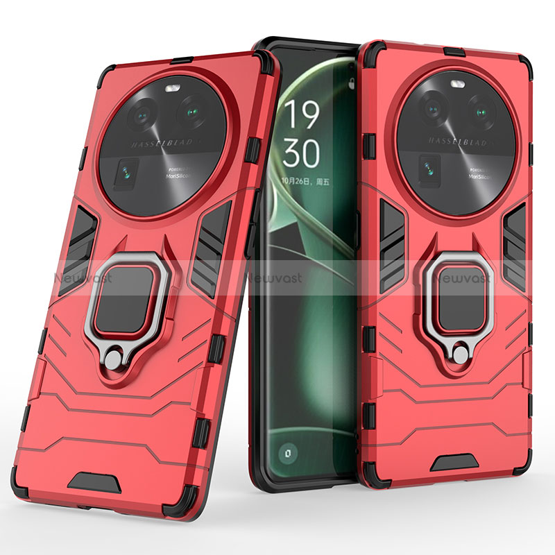 Silicone Matte Finish and Plastic Back Cover Case with Magnetic Finger Ring Stand KC1 for Oppo Find X6 Pro 5G Red