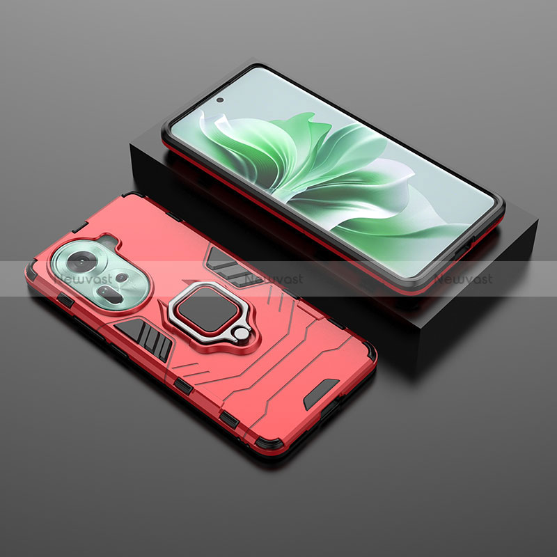 Silicone Matte Finish and Plastic Back Cover Case with Magnetic Finger Ring Stand KC1 for Oppo Reno11 5G Red