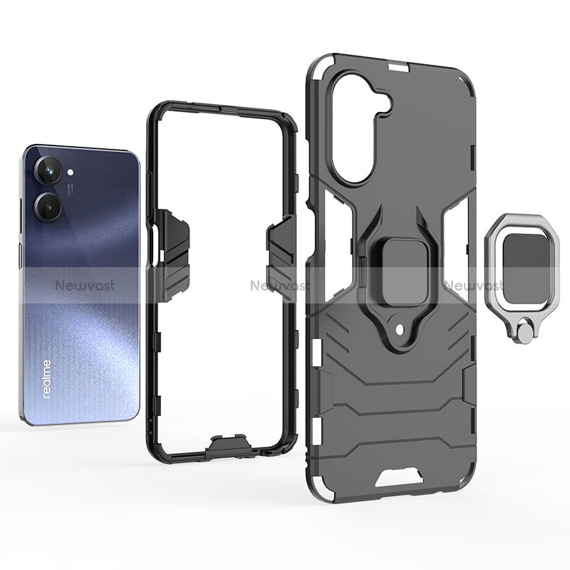 Silicone Matte Finish and Plastic Back Cover Case with Magnetic Finger Ring Stand KC1 for Realme 10 4G