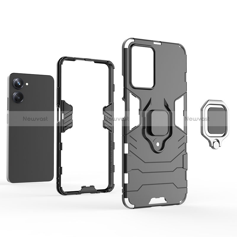 Silicone Matte Finish and Plastic Back Cover Case with Magnetic Finger Ring Stand KC1 for Realme 10 Pro 5G