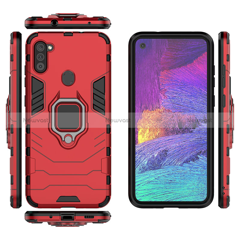 Silicone Matte Finish and Plastic Back Cover Case with Magnetic Finger Ring Stand KC1 for Samsung Galaxy A11