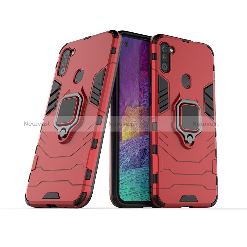 Silicone Matte Finish and Plastic Back Cover Case with Magnetic Finger Ring Stand KC1 for Samsung Galaxy A11 Red