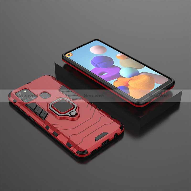Silicone Matte Finish and Plastic Back Cover Case with Magnetic Finger Ring Stand KC1 for Samsung Galaxy A21s